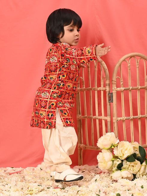 Boy's' Red Patola Print Festive Kurta Pyjama Set